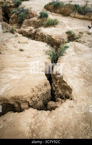 Erodierte Erde mit großen Spalten und Vegetation in einer trockenen Landskap Stockfoto