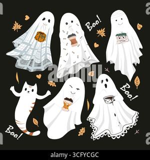 Lustige süße Laken-Geister mit heißen Getränken. Halloween-Charaktere-Kollektion. Blattsymptome mit einem Becher-Illustrationsset. Vektorabbildung. Stock Vektor