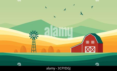 Bauernhoflandschaft mit Scheune und Windmühle Vektorillustration. Stock Vektor