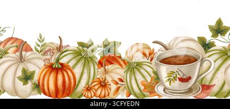 Herbst Aquarellrand mit Kürbissen, Blättern und einer dampfenden Tasse Kaffee. Weicher handgemalter Stil. Ideal für Banner, Einladungen und saisonale Einrichtung Stockfoto