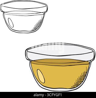 Olivenölschale isoliert gefärbt. Abbildung der grafischen Vektorfarbe. Öl in einem runden Sauctopf. Gelber flüssiger Honig isoliert auf weißem Hintergrund Stock Vektor