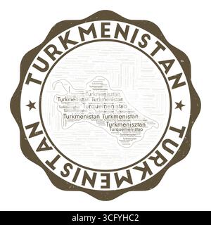 Turkmenistan-Logo. Fantastisches Länderabzeichen mit Wortwolke in Form von Turkmenistan. Rundes Emblem mit Ländername. Hervorragende Vektorillustration. Stock Vektor