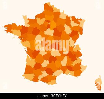 Karte von Frankreich mit Regionen. Nur eine einfache Ländergrenzkarte mit regionaler Aufteilung. Orangefarbene Farbpalette. Stock Vektor