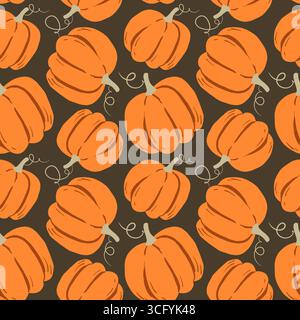 Niedliches nahtloses Muster mit großen orangefarbenen Kürbissen auf dunkelbraunem Hintergrund. Perfekt für Herbst, Halloween, Thanksgiving oder rustikale saisonale Designs. Stock Vektor