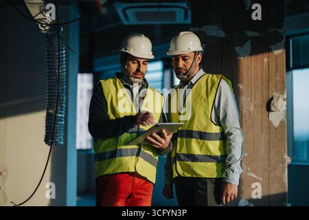 Zwei Bauexperten prüfen ein Projekt auf einem Tablet auf einer Baustelle Stockfoto