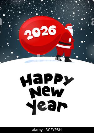 Verspielter Weihnachtsmann-Zeichentrickfilm mit großem Geschenksack für die Winterferien 2026. Niedliche Weihnachtsfigur Illustration für Grußkarte, Partybanner, festliche Einladung oder Weihnachtsdekoration. Stock Vektor