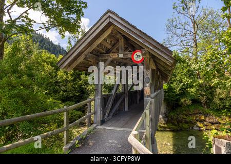Die Eysteg-Brücke, eine historische überdachte Holzbrücke aus dem Jahr 1862, überquert die kleine Emme in Schüpfheim, UNESCO Biosphäre Entlebuch. Stockfoto
