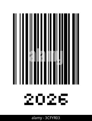 Futuristischer Weihnachtsgruß 2026 mit QR und Barcode-inspirierter Typografie. Modernes digitales Festdesign für Grußkarte, Poster, saisonale Einladung, Partybanner oder Technologie-Feiertagsvektor. Stock Vektor