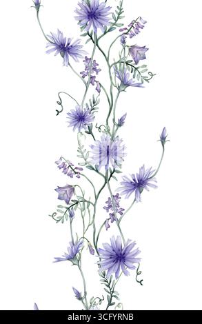Nahtloser vertikaler Rand oder Banner mit violetten und blauen Wildblumen. Handgezeichnete Aquarellillustration auf isoliertem Hintergrund. Blumenmuster im Sommer Stockfoto