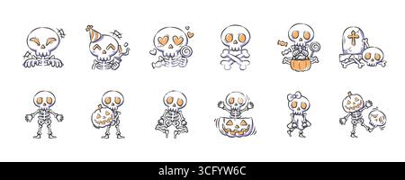 Set von halloween süße und gruselige Skelett-Figur Illustration. Symbol „Hand gezeichnet“ . Vektor . Stock Vektor