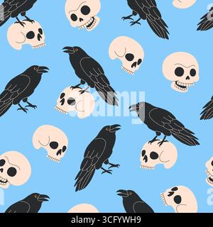 Nahtloses Halloween-Muster mit Raben und Schädeln. Stock Vektor