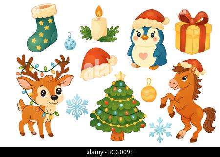 Sammlung festlicher Karikaturen, darunter Hirsch, Pinguin, Pferd, Geschenke, Weihnachtsbaum, und Ornamente in hellen Farben. Stock Vektor
