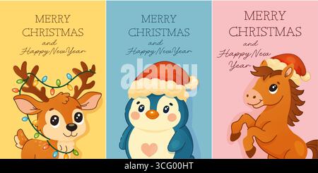Set aus drei farbenfrohen Weihnachtskarten mit niedlichen Zeichentricktieren Rentier, Pinguin und Pony in Weihnachtsmützen und festlichen Motiven. Stock Vektor