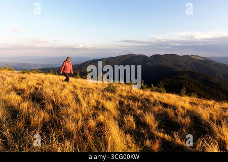 Wandererin erkundet das Smrekovec-Bergmassiv in Slowenien, geht durch unberührte Wälder und unberührte Wildnis, umgeben von friedlicher Natur Stockfoto