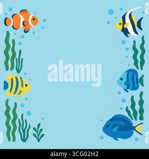 Eine fröhliche Wasserkarte mit tropischen Fischen, die neben hohen Algenstielen schwimmen, die eine klare Mitte bilden. Stock Vektor