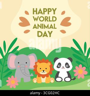 Happy World Animal Day Cute Cartoon Illustration Stock Vektor
