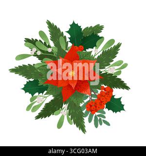Weihnachtskranz mit verschiedenen Winterpflanzen dekoriert. Vektorillustration im trendigen Retro-Stil Stock Vektor