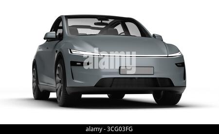 Izmir, Türkei - 25. August 2025: Realistisches 3D-Rendering eines grauen 2025 Tesla Model Y, leichte rechte Vorderansicht, weißer Hintergrund Stockfoto