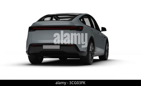 Izmir, Türkei - 25. August 2025: Realistisches 3D-Rendering eines grauen 2025 Tesla Model Y, leicht rechts hinten, weißer Hintergrund. Stockfoto