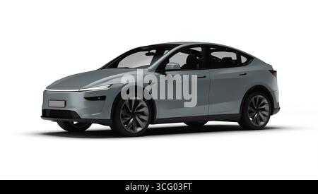 Izmir, Türkei - 25. August 2025: Realistisches 3D-Rendering eines grauen 2025 Tesla Model Y, leichte linke Vorderansicht, weißer Hintergrund. Stockfoto