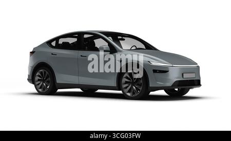 Izmir, Türkei - 25. August 2025: Realistisches 3D-Rendering eines grauen 2025 Tesla Model Y, leichte rechte Vorderansicht, weißer Hintergrund Stockfoto