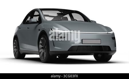 Izmir, Türkei - 25. August 2025: Realistisches 3D-Rendering eines grauen 2025 Tesla Model Y, leichte rechte Vorderansicht, weißer Hintergrund Stockfoto