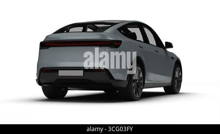 Izmir, Türkei - 25. August 2025: Realistisches 3D-Rendering eines grauen 2025 Tesla Model Y, leicht rechts hinten, weißer Hintergrund. Stockfoto