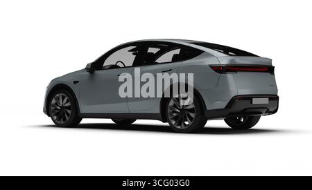 Izmir, Türkei - 25. August 2025: Realistisches 3D-Rendering eines grauen 2025 Tesla Model Y, leichte linke Rückansicht, weißer Hintergrund Stockfoto