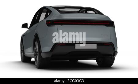 Izmir, Türkei - 25. August 2025: Realistisches 3D-Rendering eines grauen 2025 Tesla Model Y, leichte linke Rückansicht, weißer Hintergrund. Stockfoto