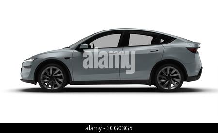 Izmir, Türkei - 25. August 2025: Realistisches 3D-Rendering eines grauen 2025 Tesla Model Y, vollständige linke Seitenansicht, weißer Hintergrund. Stockfoto