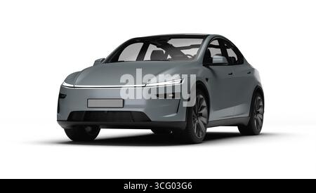 Izmir, Türkei - 25. August 2025: Realistisches 3D-Rendering eines grauen 2025 Tesla Model Y, leichte linke Vorderansicht, weißer Hintergrund. Stockfoto