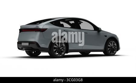 Izmir, Türkei - 25. August 2025: Realistisches 3D-Rendering eines grauen 2025 Tesla Model Y, leicht rechts hinten, weißer Hintergrund. Stockfoto