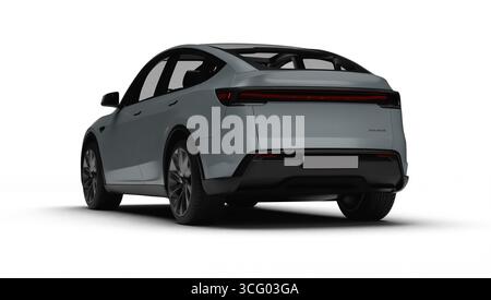 Izmir, Türkei - 25. August 2025: Realistisches 3D-Rendering eines grauen 2025 Tesla Model Y, leichte linke Rückansicht, weißer Hintergrund. Stockfoto