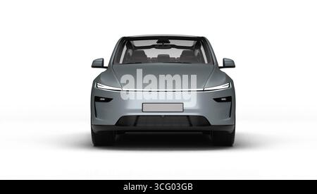 Izmir, Türkei - 25. August 2025: Realistisches 3D-Rendering eines grauen 2025 Tesla Model Y, vollständige Vorderansicht, weißer Hintergrund. Stockfoto