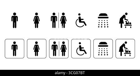 Set mit Symbolen für WC und Sanitärbereich, einschließlich männlich, weiblich, Unisex, zugänglich, Dusche, und das Baby wechselt Symbole. Vektorschilder für Toiletten reinigen Stock Vektor