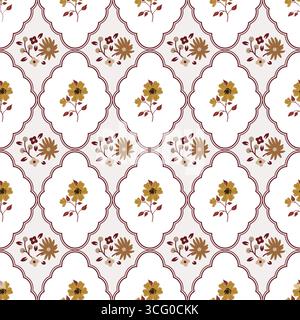 Rustikale Wiese Herbst Herbst Blumen und Jakobsmuscheln Rauten Vektor nahtlose Muster. Cottagecore Gartenblumen-Druck Stock Vektor