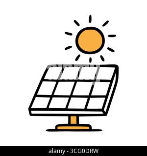 Ein Sonnenkollektor mit einem Sonnensymbol darüber. Das Design ist einfach und anschaulich und repräsentiert Konzepte für erneuerbare Energien und Nachhaltigkeit. Stock Vektor