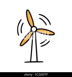 Eine einfache Illustration einer Windturbine mit drei rotierenden orangefarbenen Rotorblättern. Das Design ist minimalistisch und betont Konzepte für erneuerbare Energien. Stock Vektor