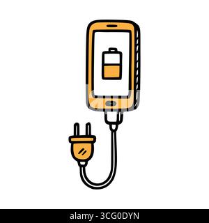 Ein Smartphone mit einem Ladekabel, das an eine Steckdose angeschlossen ist. Das Akkusymbol auf dem Bildschirm zeigt den Ladestatus an. Einfaches und modernes Design. Stock Vektor