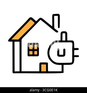 Eine einfache Illustration eines Hauses mit Netzstecker als Symbol für Energieeffizienz und nachhaltiges Wohnen. Das Design besticht durch einen minimalistischen Stil mit Stock Vektor