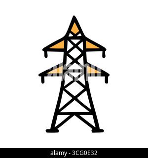 Eine einfache Abbildung eines Stromübertragungsturms mit gelbem und schwarzem Farbschema. Der Turm ist in einem minimalistischen Stil dargestellt, was seinen betont Stock Vektor