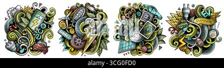 Vektorillustration von Elektrofahrzeugen, Öko-Energie, Ladestationen und grüner Technologie in einem lebendigen Doodle-Stil. Ideal für Elektrofahrzeuge, Nachhaltigkeit, Stock Vektor