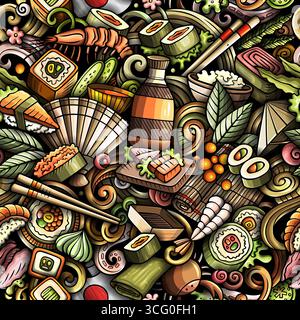 Nahtloses Sushi-Muster mit Brötchen, Nigiri, Sashimi, Fisch, Reis, Essstäbchen, Sojasauce und Elemente der japanischen Küche. Perfekt für Hintergründe, Packagin Stock Vektor