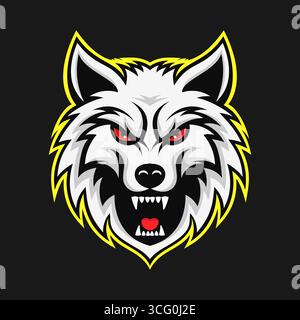Wolf Head Maskottchen Logo. Aggressiver weißer Wolf mit roten Augen. Vektorabbildung Stock Vektor