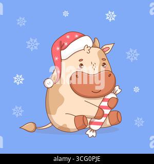 Süße Weihnachtskuh mit Weihnachtsmütze und gestreiften Süßigkeiten. Lustiges Neujahrs-Cartoon Kawaii-Tier auf blauem Hintergrund mit Schneeflocken. Vektorillustratio Stock Vektor