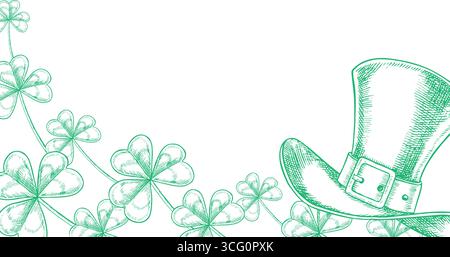Rahmen für den St. Patrick's Day. Vektor, grüne grafische Abbildung. Leprechaun Hut und Kleeblätter. Für Grußkarten, Banner und Flyer, Verpackung Stock Vektor