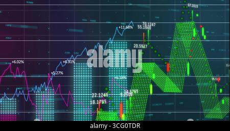 Anzeigen von Finanzdiagrammen auf der Plattform mit Kerzenleuchtern, Flächen, Liniendiagrammen, Balken und Prozentsätzen Stockfoto