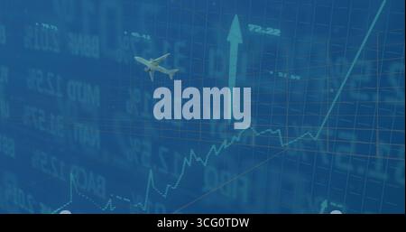 Anzeige der Grafik auf der Schnittstelle mit Raster, Tickern, gepunktetem Diagramm, Flugzeug nach oben Pfeil Stockfoto