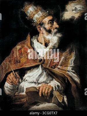 Saint Gregor der große von Domenico Fetti 1589-1623 Venedig Italien ItalienLille Museum Frankreich. („Heiliger Gregor der große“ bezieht sich auf Papst Gregor I., einen Papst von 590 bis 604 n. Chr., der dafür bekannt war, das mittelalterliche Papsttum zu gründen, Klöster neu zu organisieren und die Gregorianische Mission zu initiieren. Nach seinem Tod wurde er von der Bevölkerung als „der große“ bezeichnet, was dazu führte, dass er offiziell als heiliger und Doktor der Kirche anerkannt wurde. Er organisierte und kodifizierte auch den gregorianischen Gesang. Stockfoto