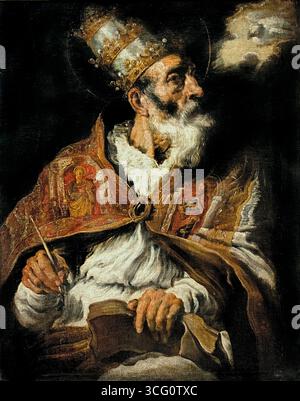 Saint Gregor der große von Domenico Fetti 1589-1623 Venedig Italien ItalienLille Museum Frankreich. („Heiliger Gregor der große“ bezieht sich auf Papst Gregor I., einen Papst von 590 bis 604 n. Chr., der dafür bekannt war, das mittelalterliche Papsttum zu gründen, Klöster neu zu organisieren und die Gregorianische Mission zu initiieren. Nach seinem Tod wurde er von der Bevölkerung als „der große“ bezeichnet, was dazu führte, dass er offiziell als heiliger und Doktor der Kirche anerkannt wurde. Er organisierte und kodifizierte auch den gregorianischen Gesang. Stockfoto